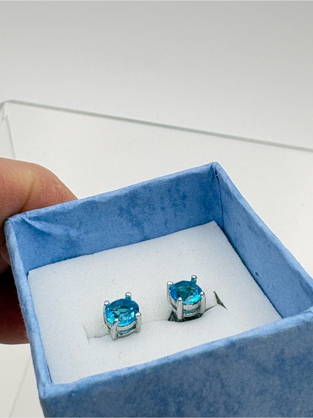 Classic Blue Topaz Round Stud Earrings - Silver Tone - Picture 8 of 16